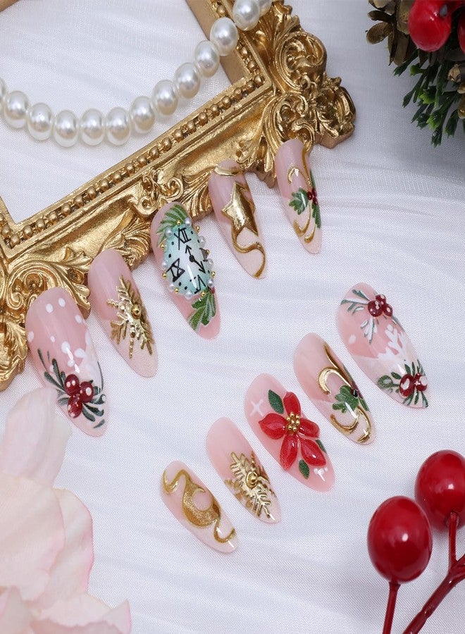KRTBKR 24Pcs Christmas Press on Nails Medium Almond French Tip Fake Nails Clock with 3D Gold Bead Rhinestones Design Gold Snowflakes Glue on Nails Moon Star False Nails for Women Acrylic New Year Holiday DIY - Image 4